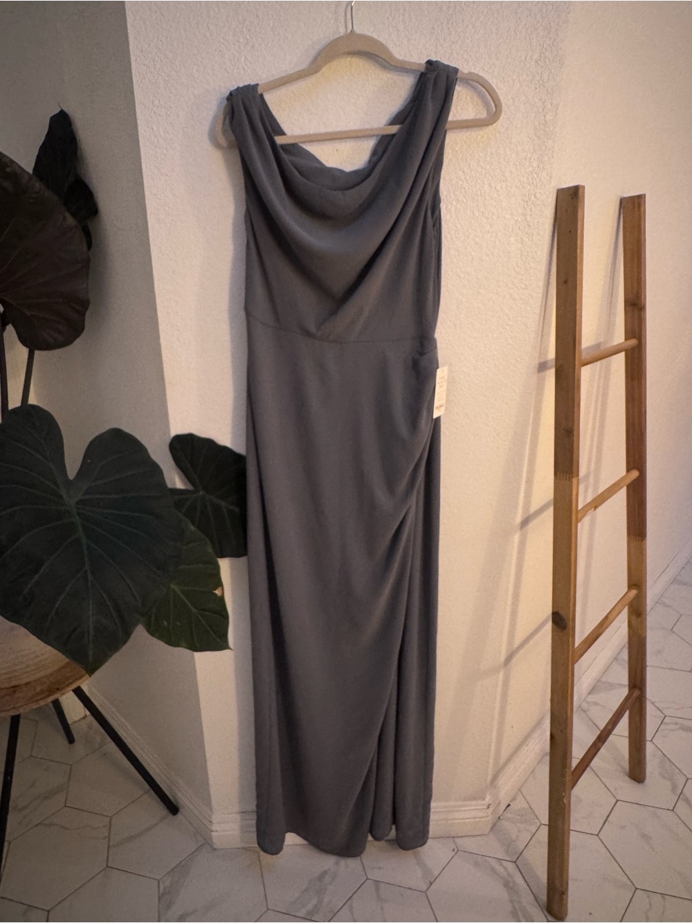 Show Me Your MuMu Dusky Gray Cowl Neck Maxi Dress Ruched On Side Small Slit M